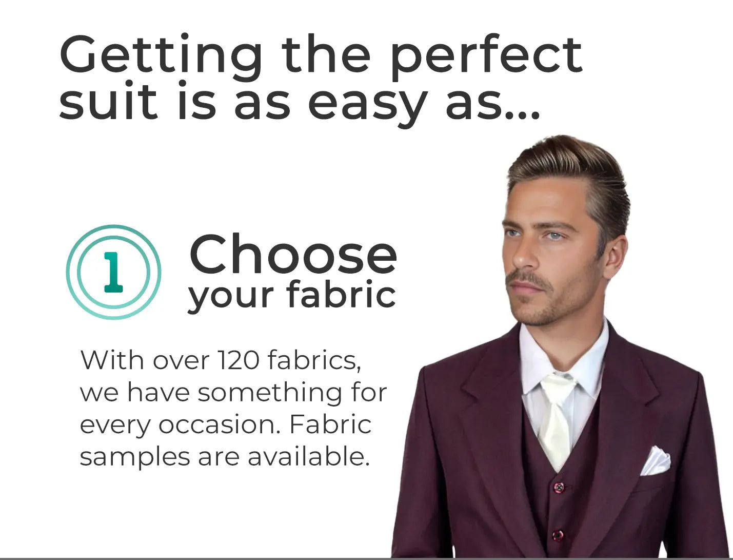 Getting the perfect suit is as easy as... step 1 - choose your fabric from over 120 in our collection.