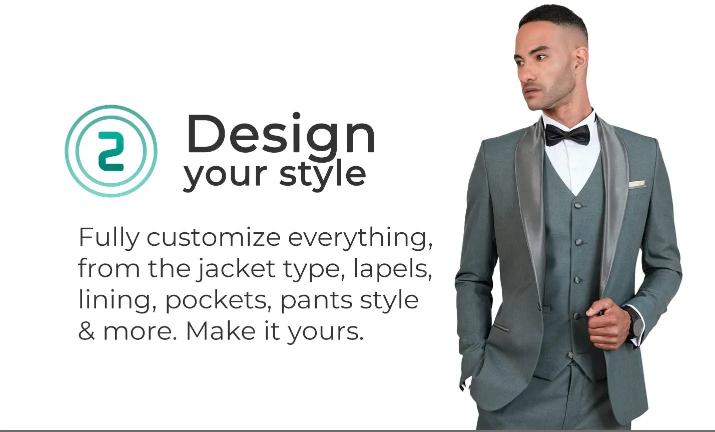Design your style. Fully customize everything, from the jacket type, lapels, lining, pockets, pants style & more. Make it yours. Man in green tuxedo.