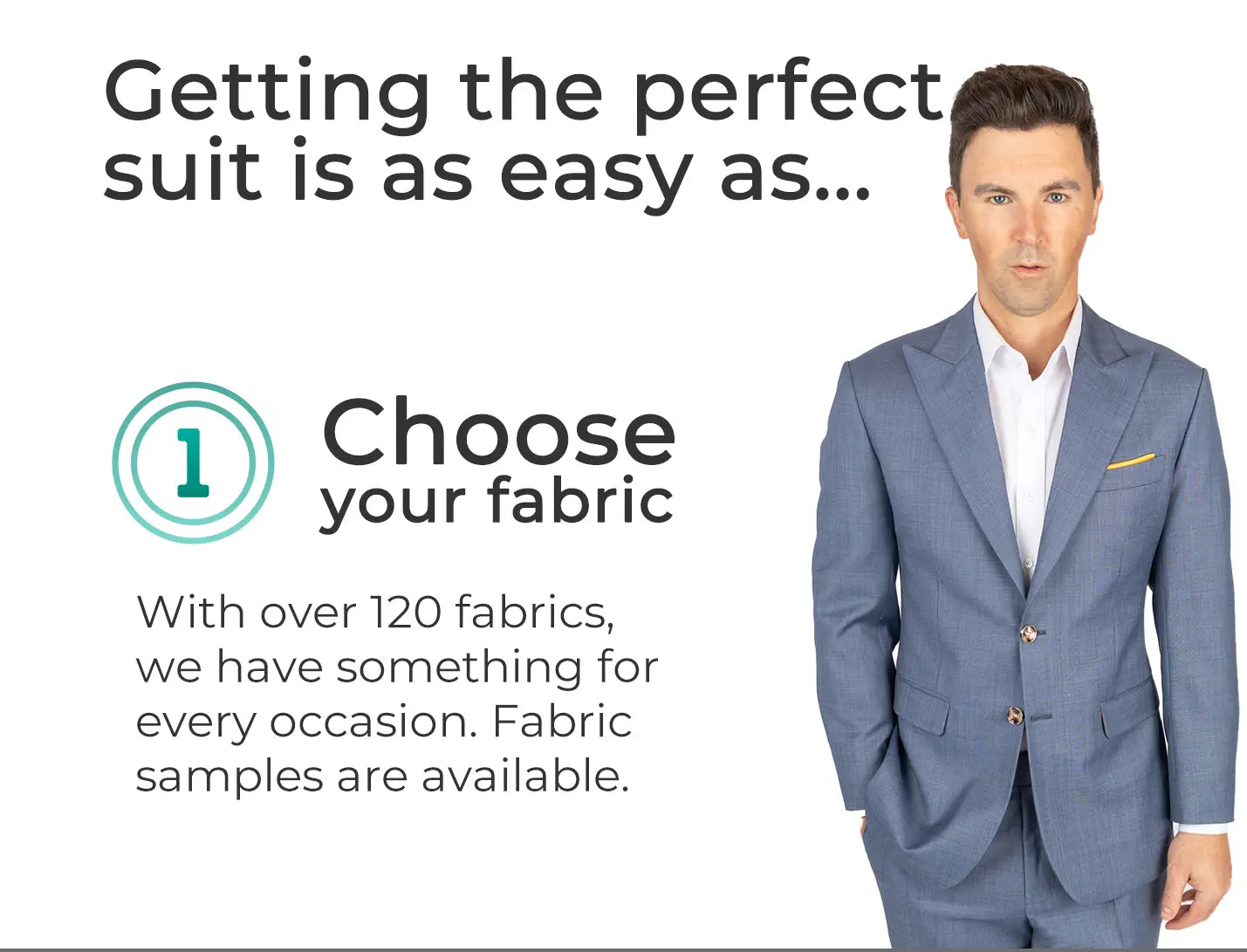 Get the perfect suit in three steps... choose your fabric. With over 120 fabrics, we have something for every occasion. Fabric samples are available. Man in suit.