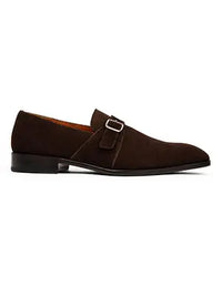 Brown suede loafer with a buckle on a white background