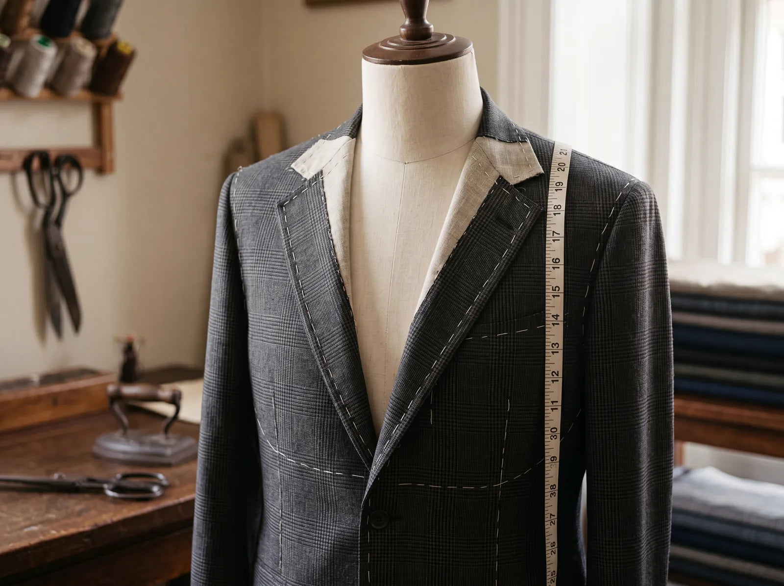 A half-finished jacket on a tailor's form with tape measure and chalk marks