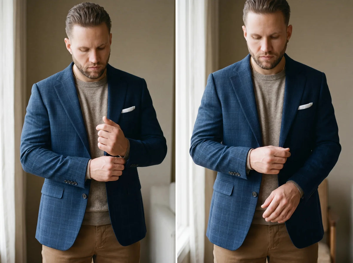 A man adjusting the cuff of a deep blue windowpane blazer