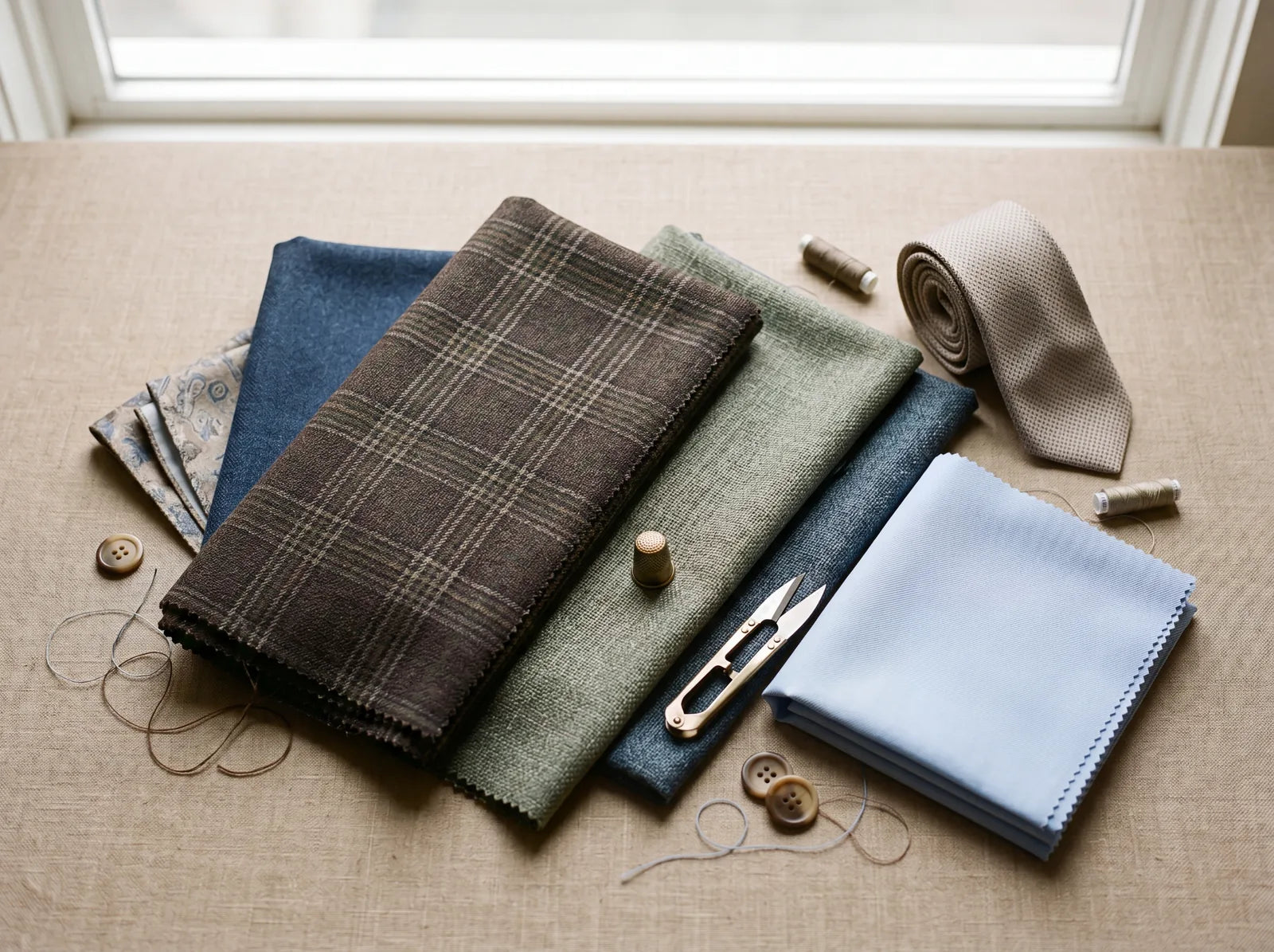 Distinctive wedding suit fabrics in sage green, cedar brown and prussian blue