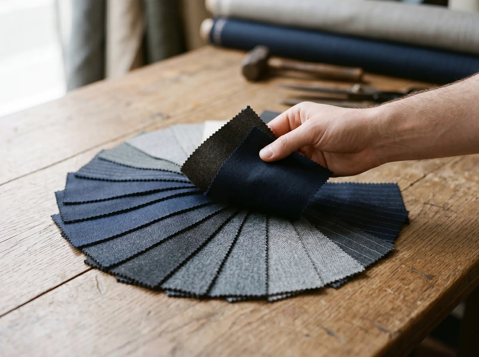 A fan of navy, charcoal and grey suit fabric swatches being compared