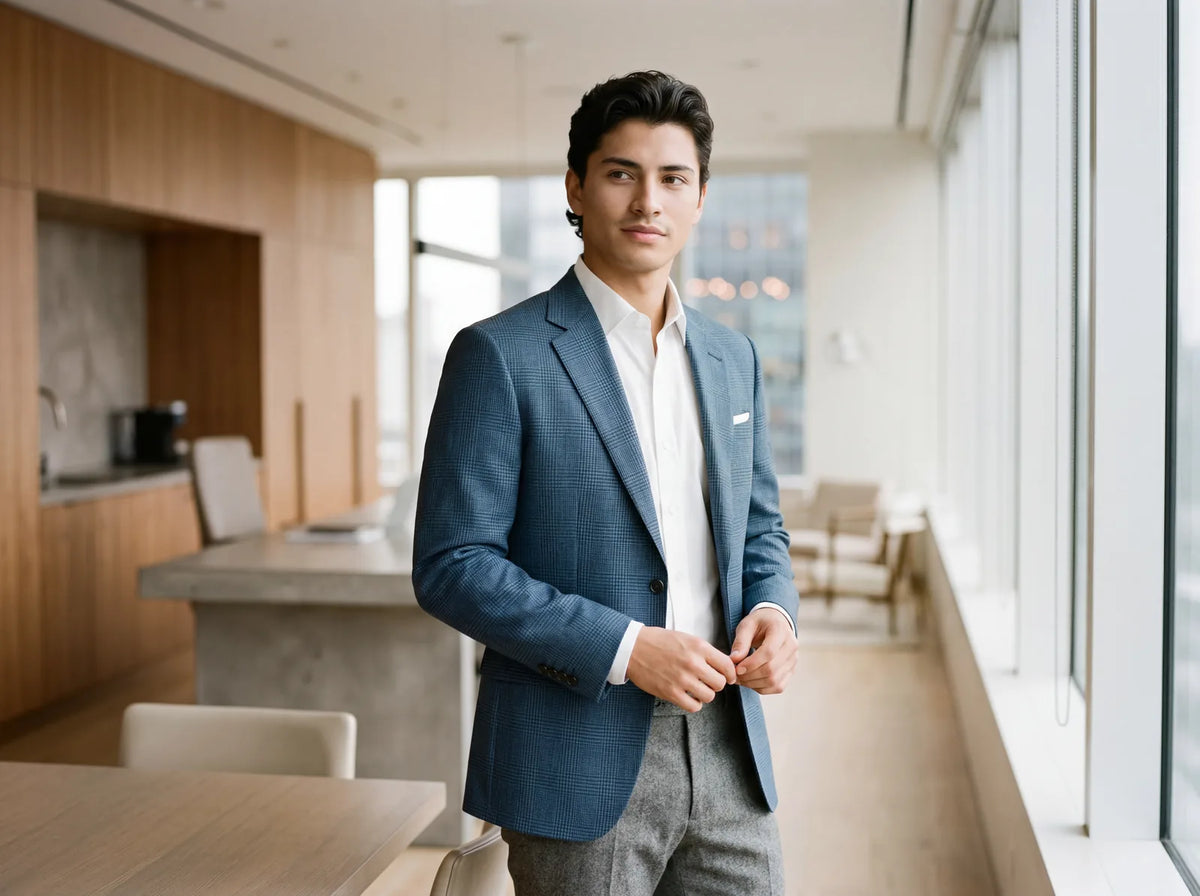 A man wearing an air-force blue check blazer with a dress shirt and grey trousers in an office