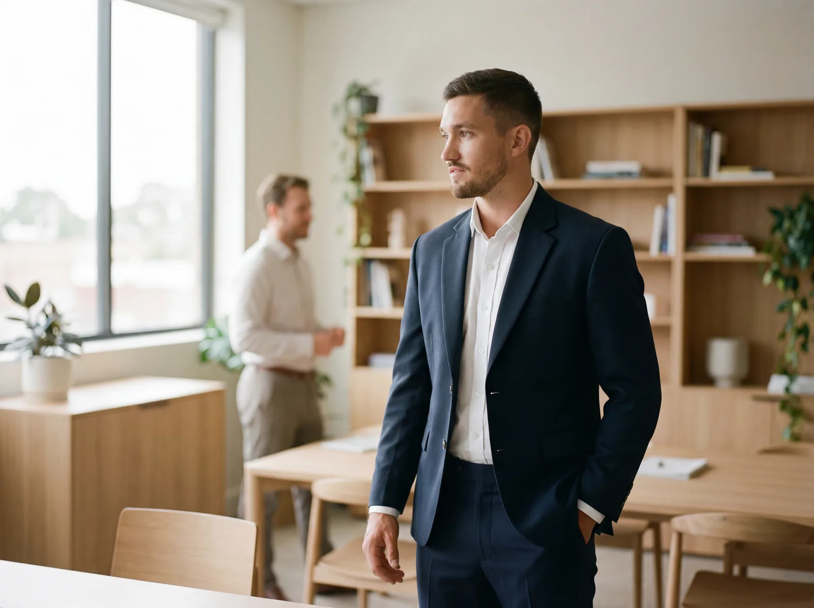 A man in a navy suit with an open collar and no tie in a business-casual office