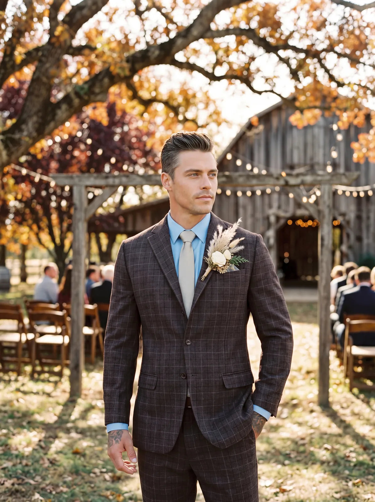 A groom in a cedar brown check suit at a rustic outdoor wedding