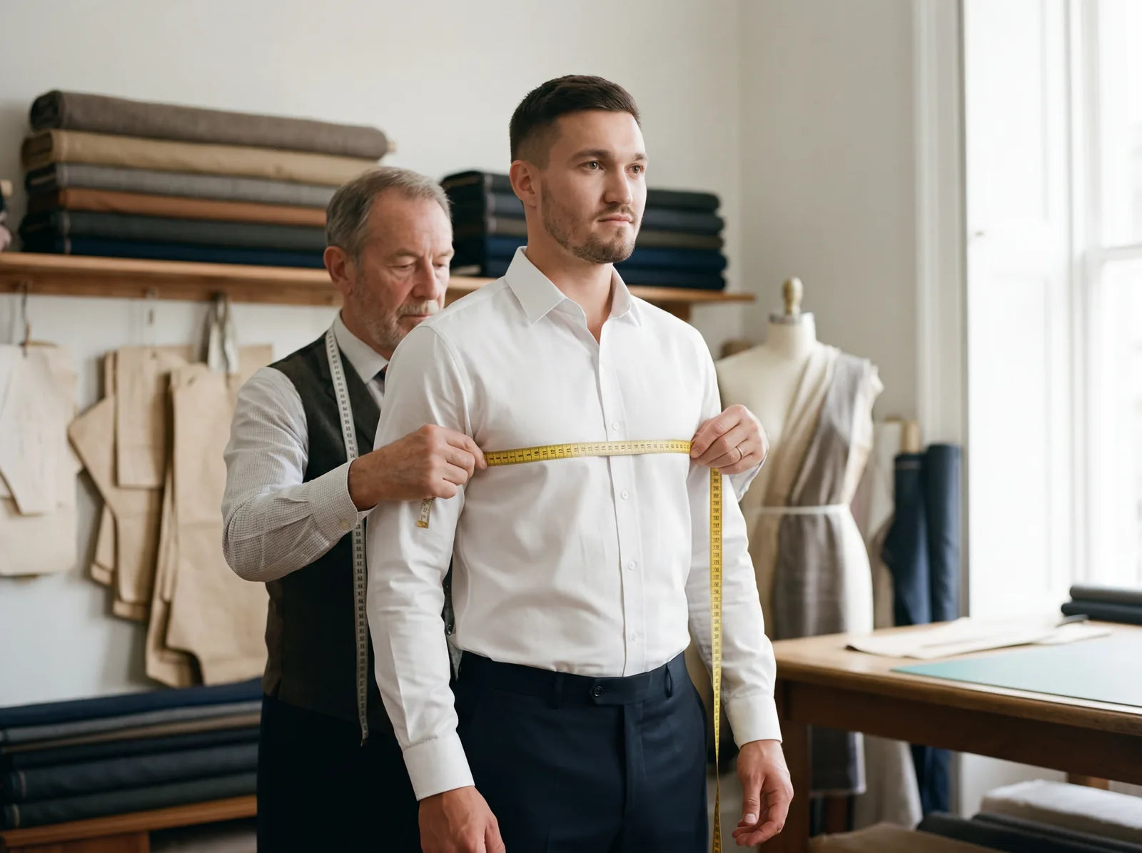 A tailor measuring a man's chest for a custom suit in a tailoring studio