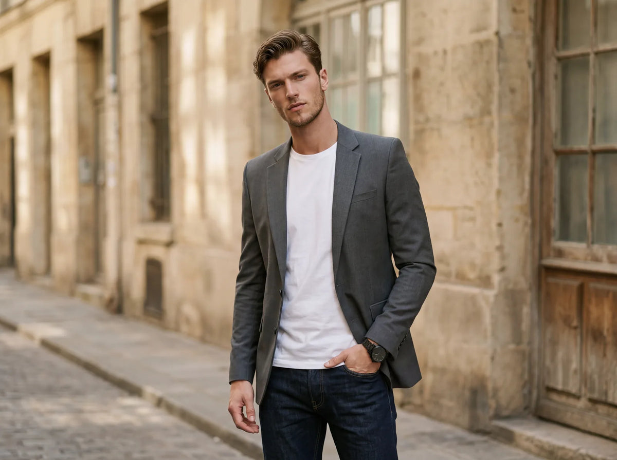 A man wearing a grey blazer with a white tee and dark jeans
