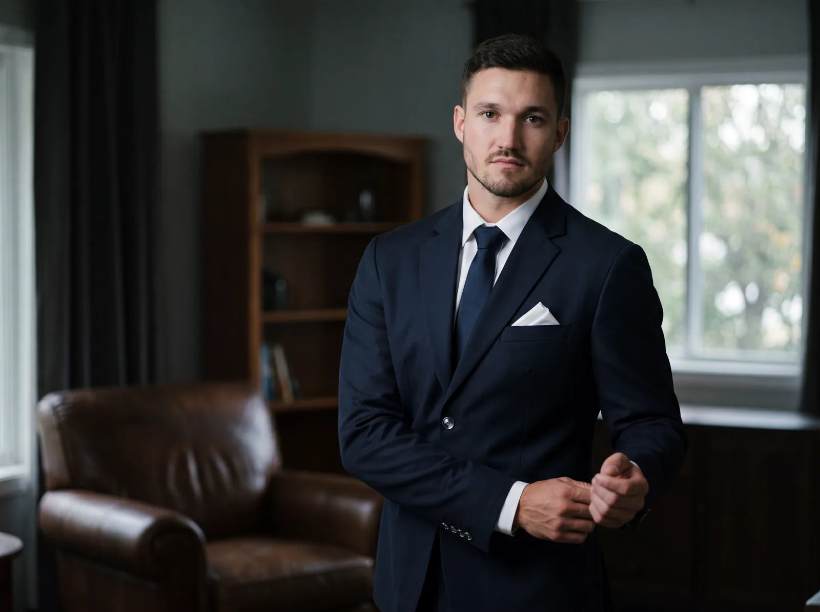 A man in a dark navy suit with a dark tie in a calm interior