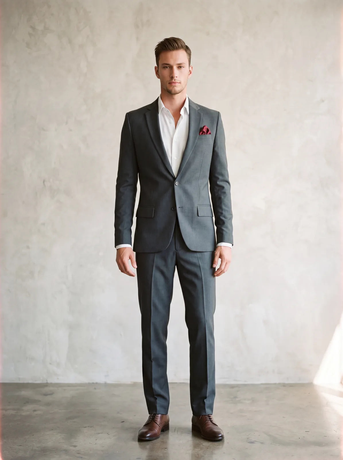 A man in a grey suit with an open-collar shirt and no tie, full length
