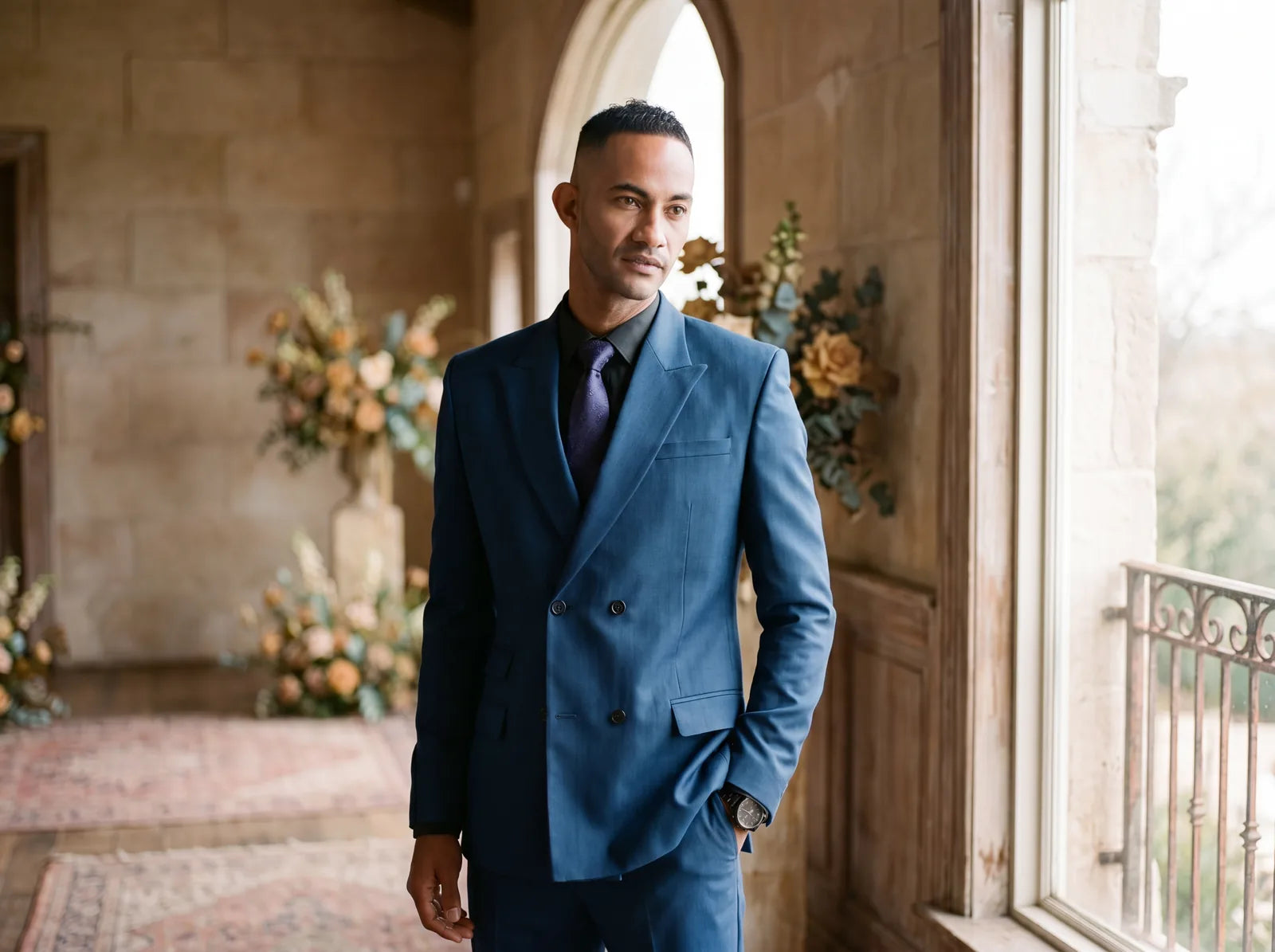 A groom in a distinctive prussian blue double-breasted wedding suit