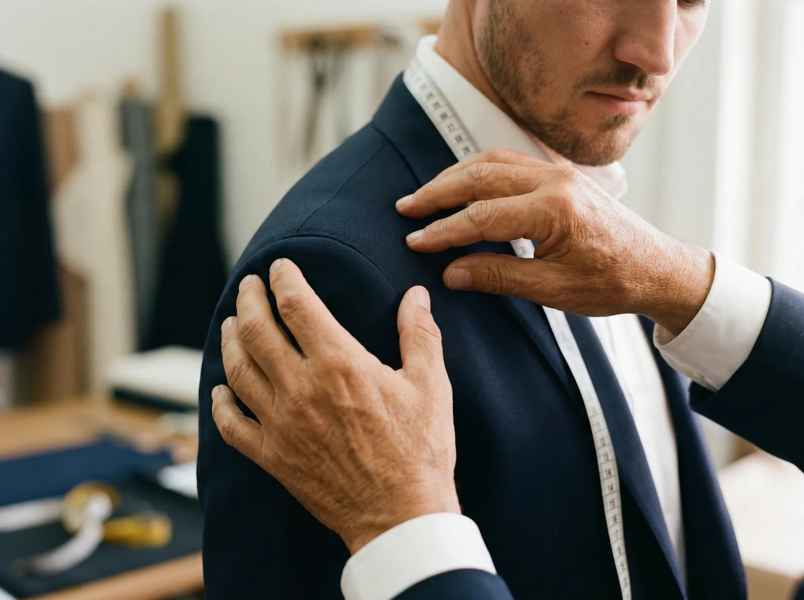 A tailor checking the shoulder fit of a navy suit jacket