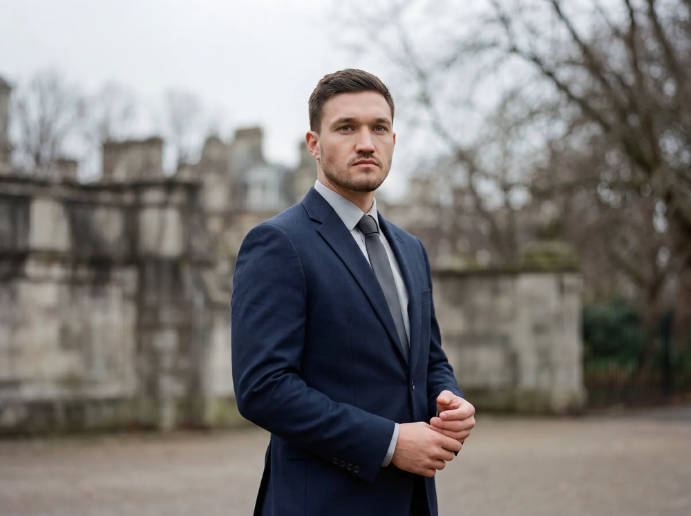 A man in a dark navy suit and dark tie outdoors on an overcast day