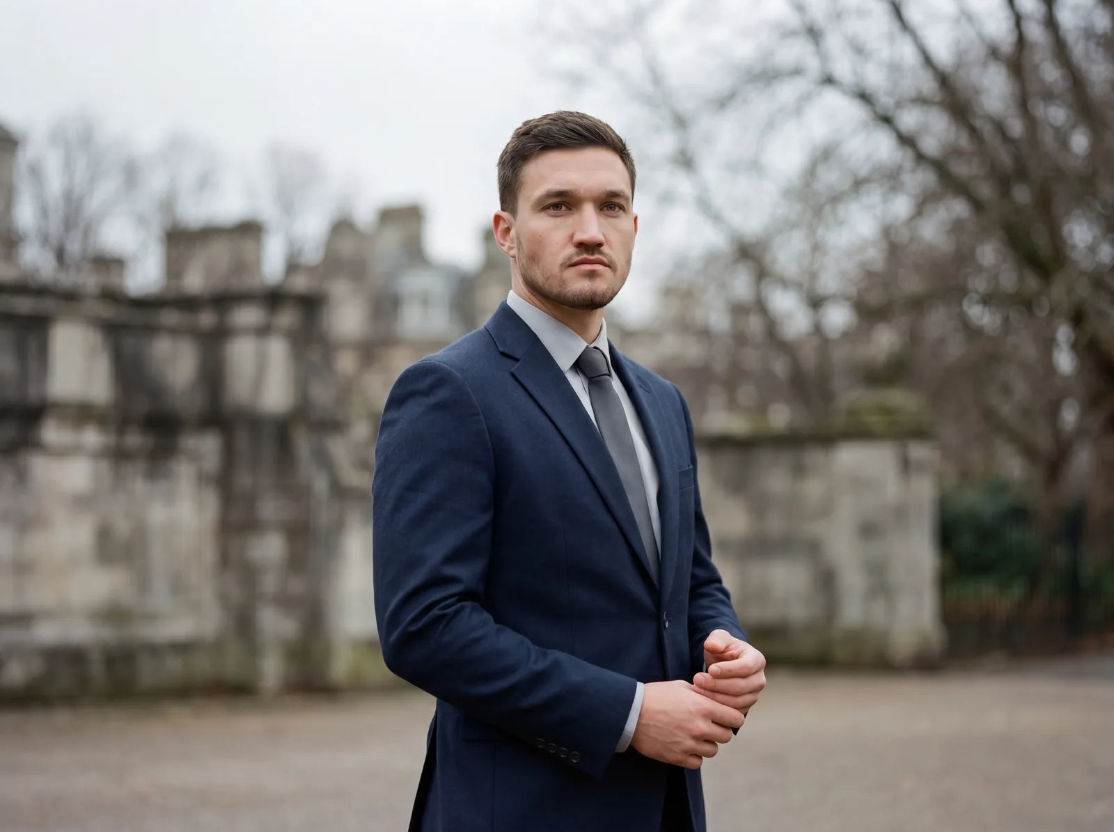 A man in a dark navy suit and dark tie outdoors on an overcast day