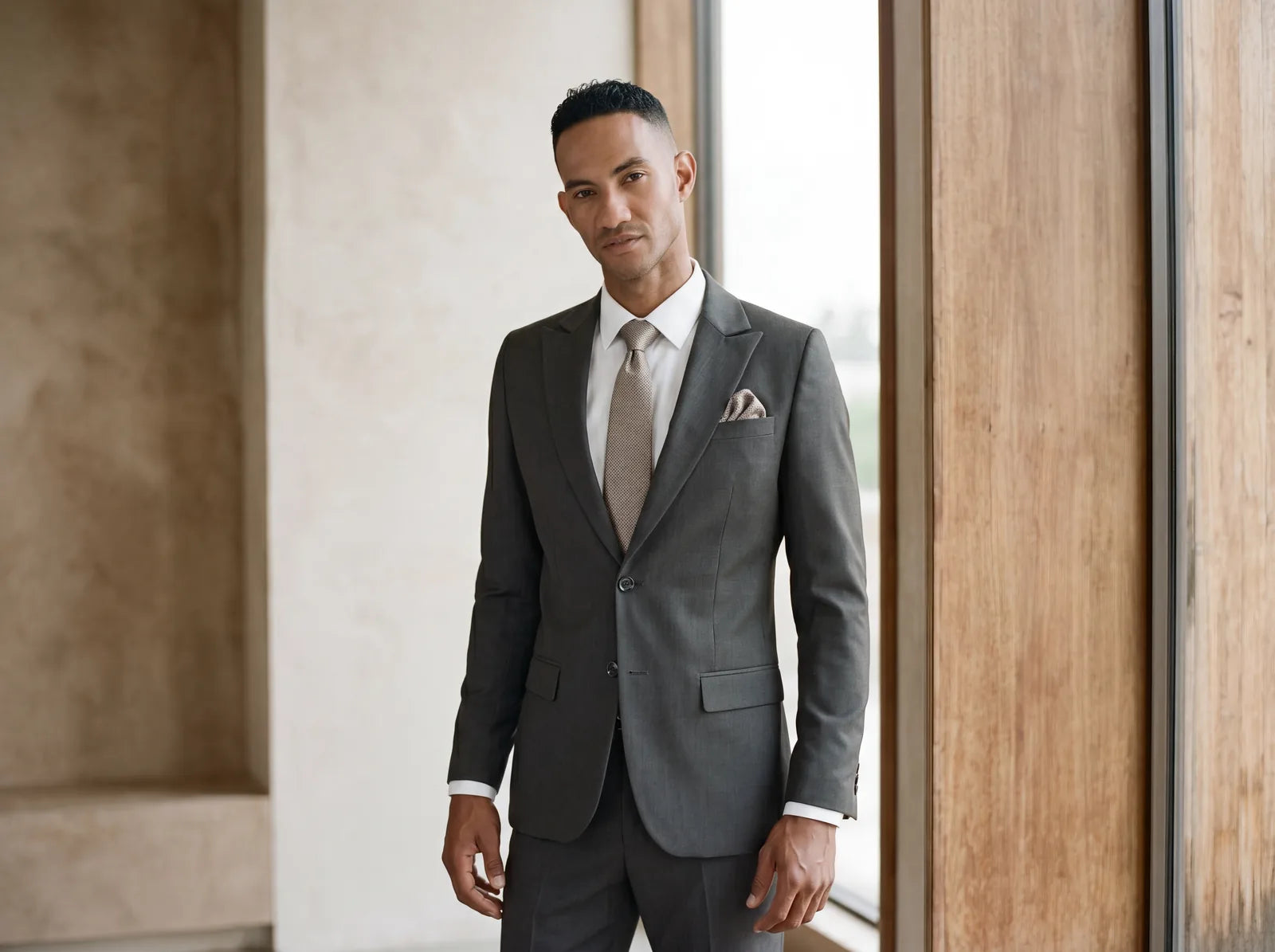 A man wearing a charcoal suit correctly with the jacket buttoned