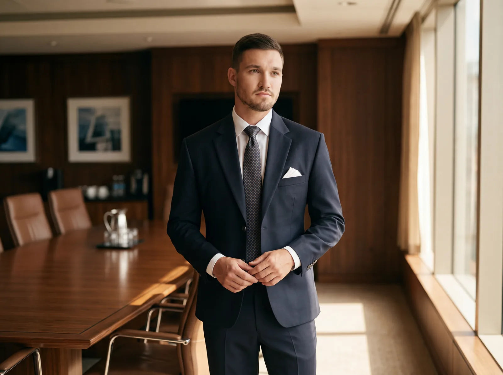 A man wearing a navy suit with a tie in a formal corporate boardroom