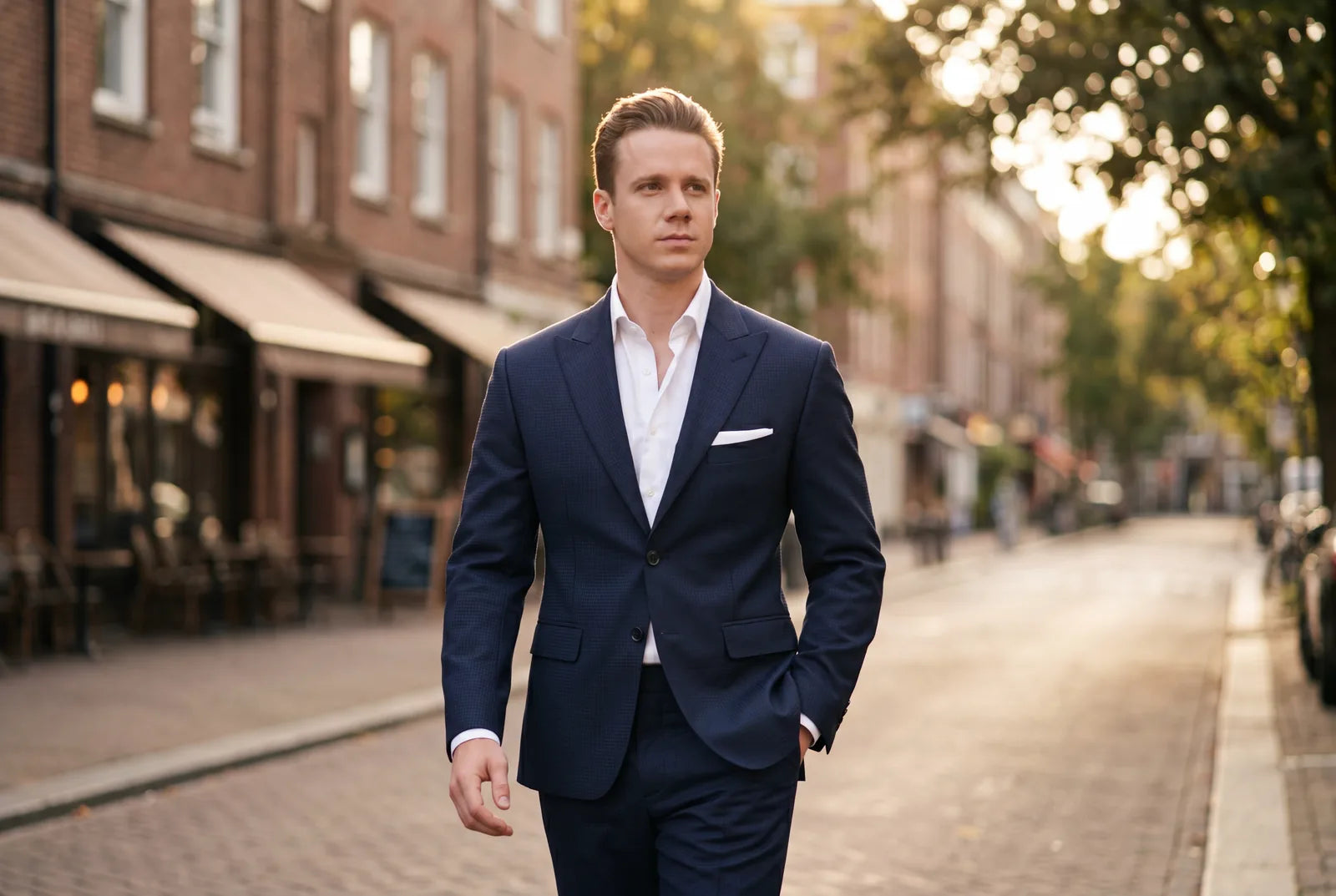 A man wearing a navy suit with an open collar and no tie on a city street