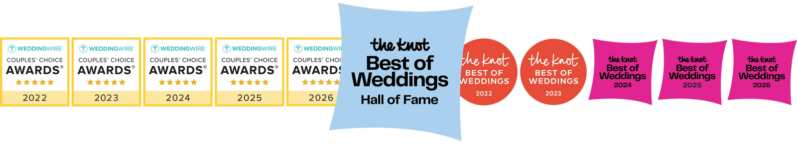 Logos of 'The Knot Best of Weddings' awards across multiple years on a white background.