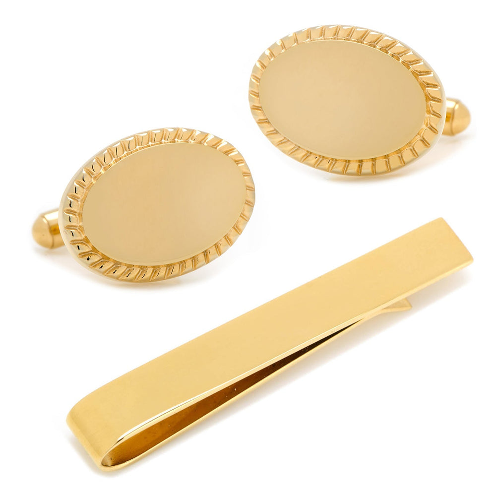 14K Gold Plated Rope Border Oval Cufflinks and Tie Bar Gift Set601