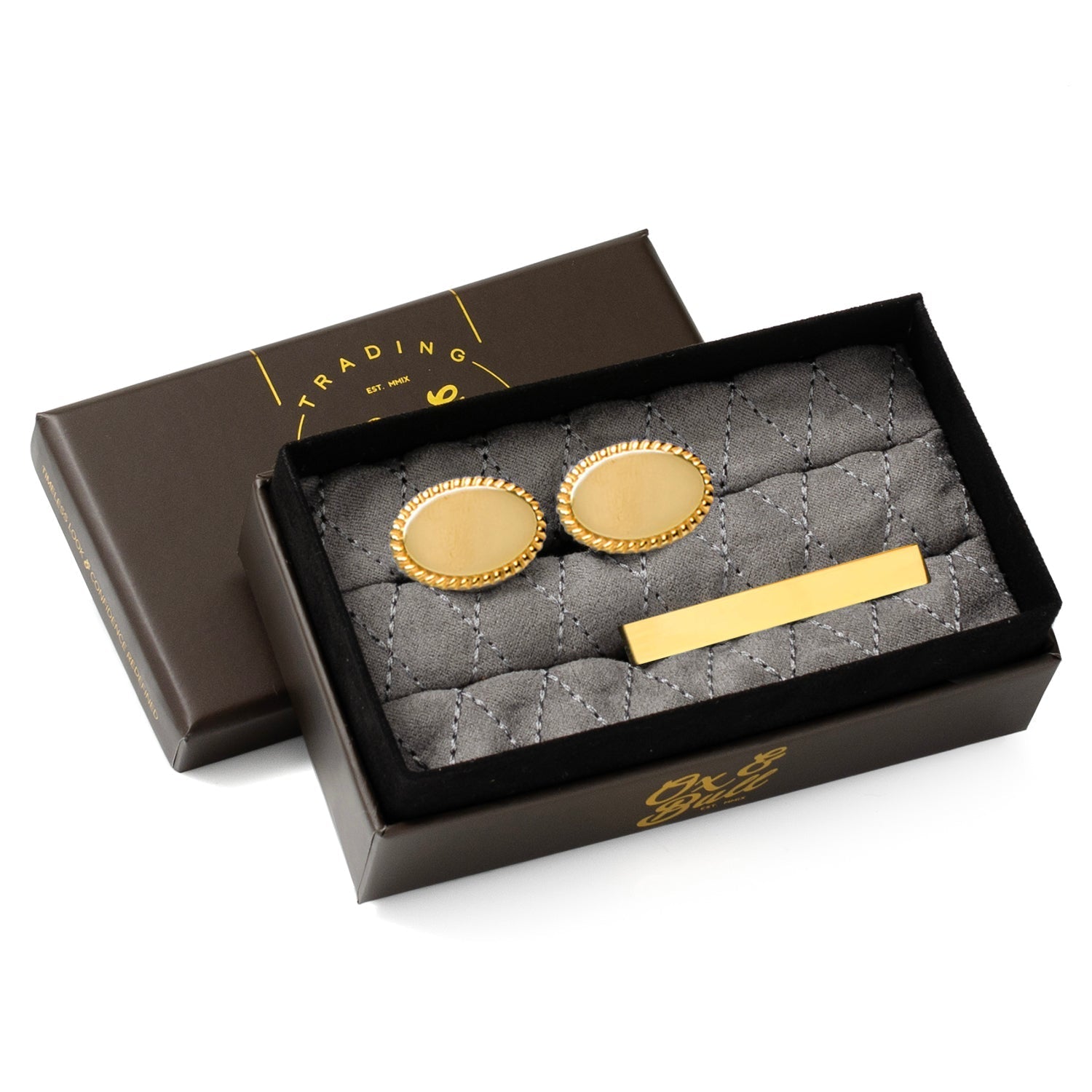 14K Gold Plated Rope Border Oval Cufflinks and Tie Bar Gift Set - SARTORO838