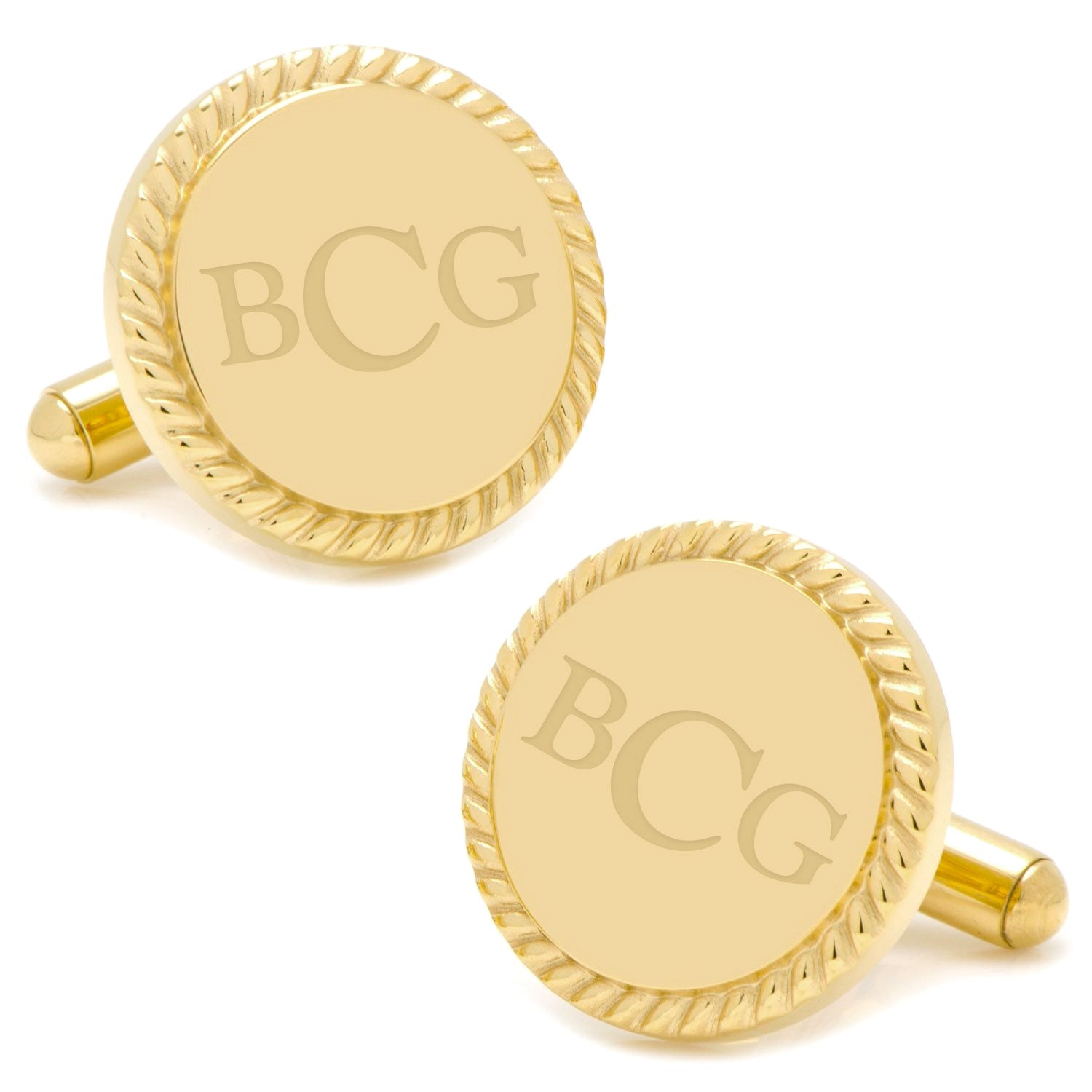 14K Gold Plated Rope Border Round Engravable Cufflinks - SARTORO444