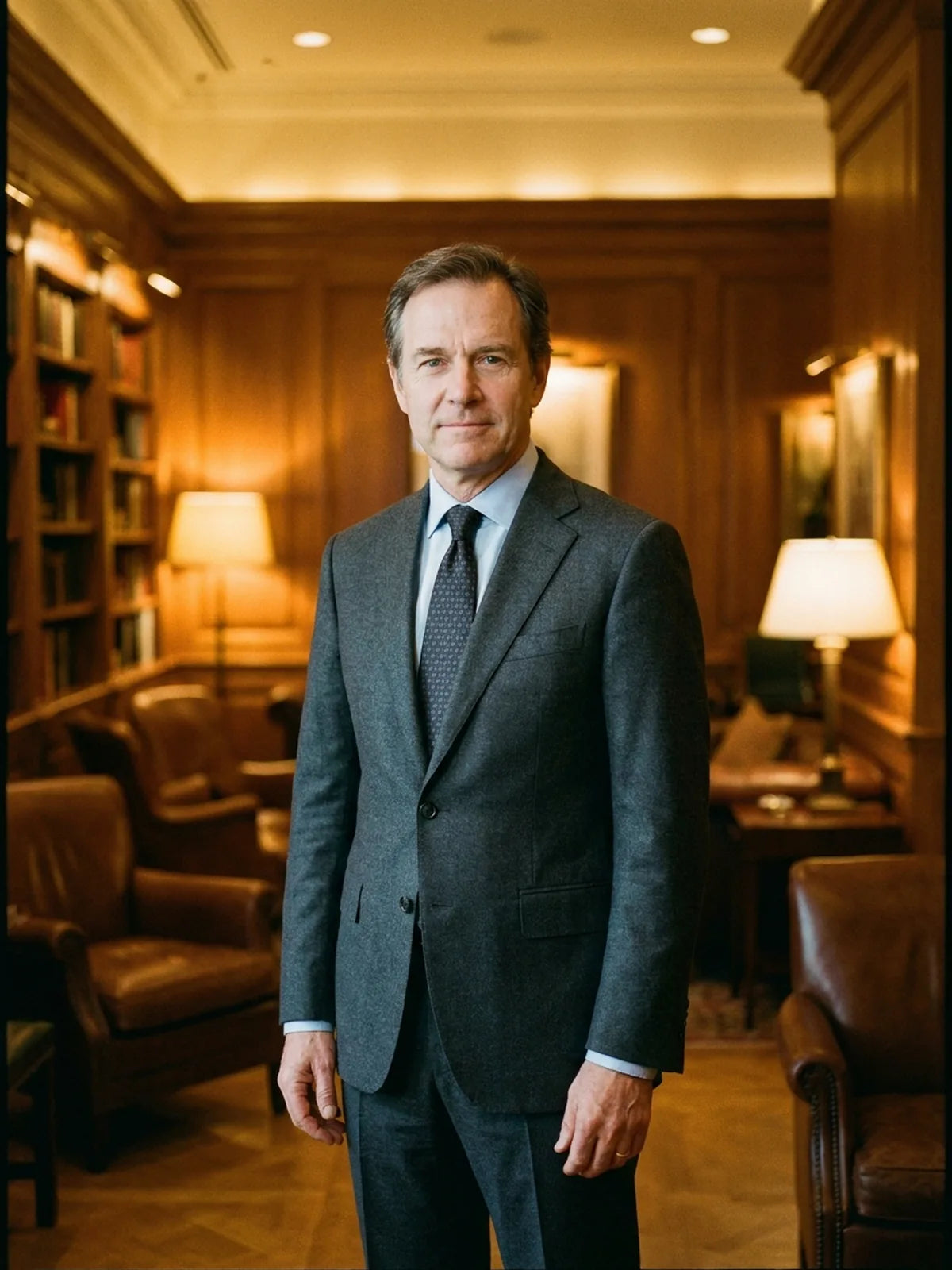 A man in a two-piece suit without a waistcoat.