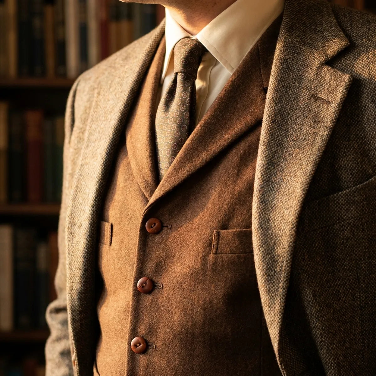 A buttoned waistcoat under an open jacket, the vest of a three-piece suit.