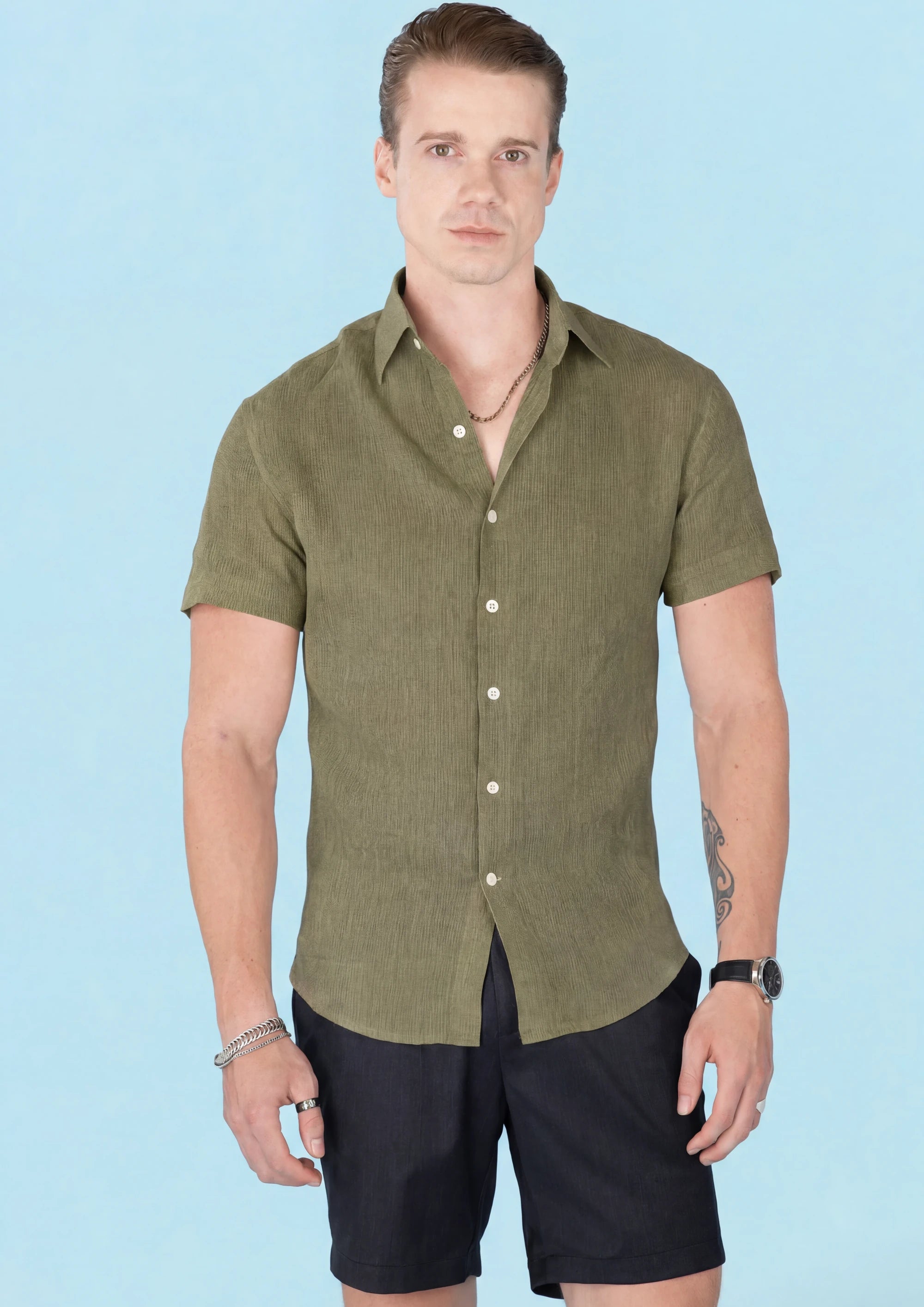 Green Linen T-Shirt - front view, alternate angle504