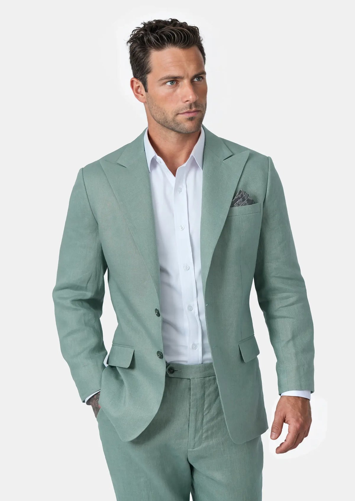 man in jade green linen suit916
