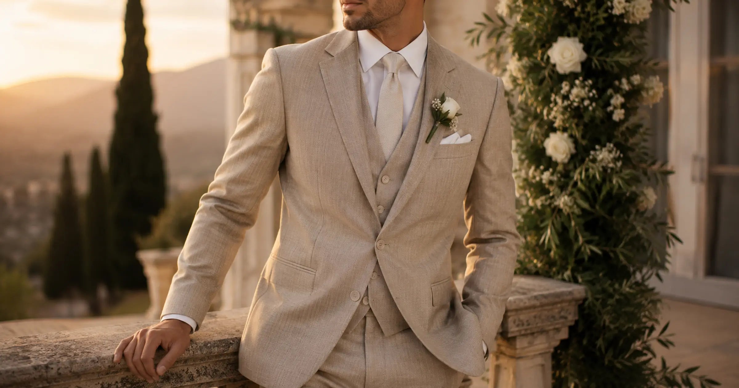 A man wearing a light beige three-piece suit with a white shirt and tie, standing outdoors near a stone railing and a floral arrangement at sunset.
