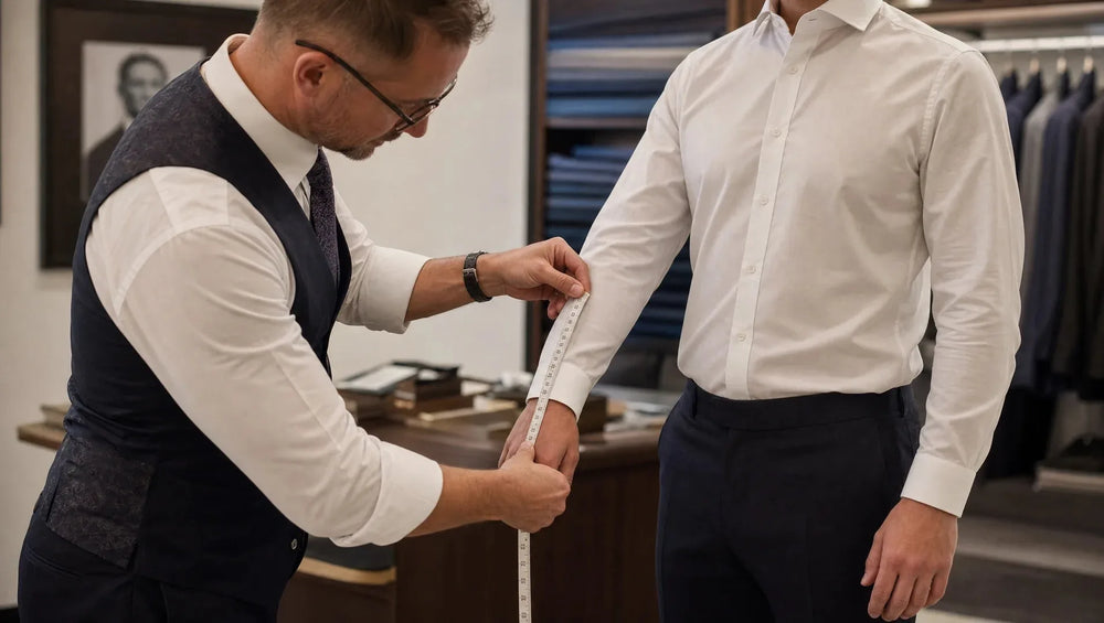 A good tailor measures with precision at the first fitting — this initial assessment determines whether your jacket sleeves will show the correct quarter-inch of shirt cuff