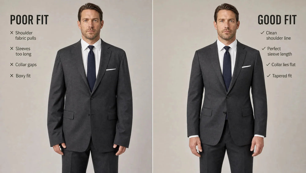 The difference between off-the-rack and tailored fit is visible across the room — shoulder line, waist suppression, and trouser break all change when a skilled tailor adjusts the garment to your body