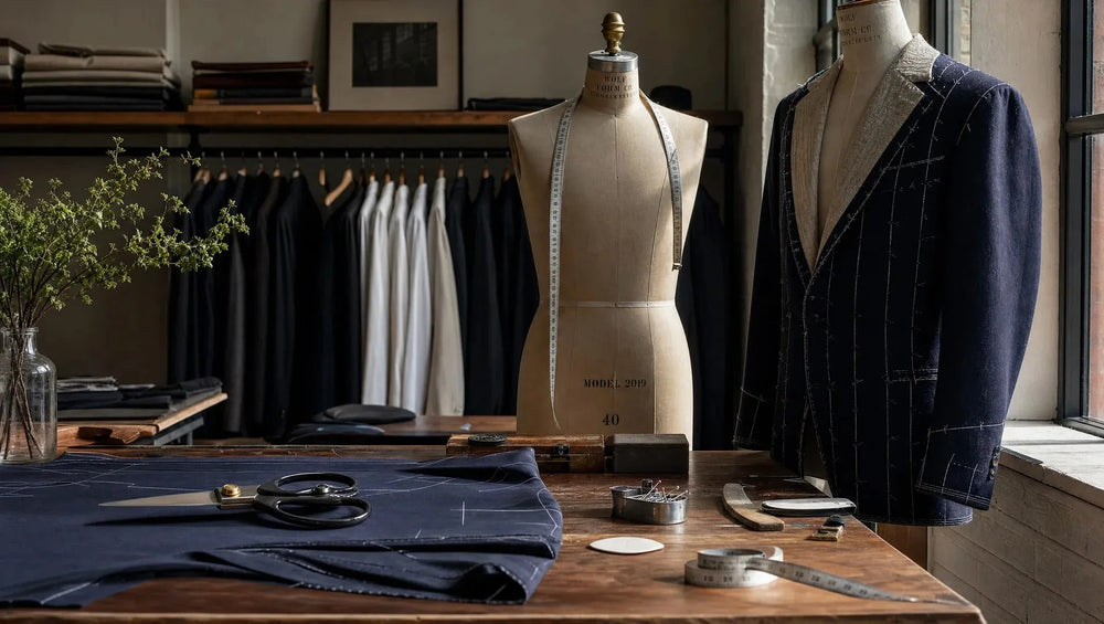 An organized workspace with proper tools — measuring tape, chalk, pressing equipment — signals a tailor who treats each garment with the precision suit alterations demand
