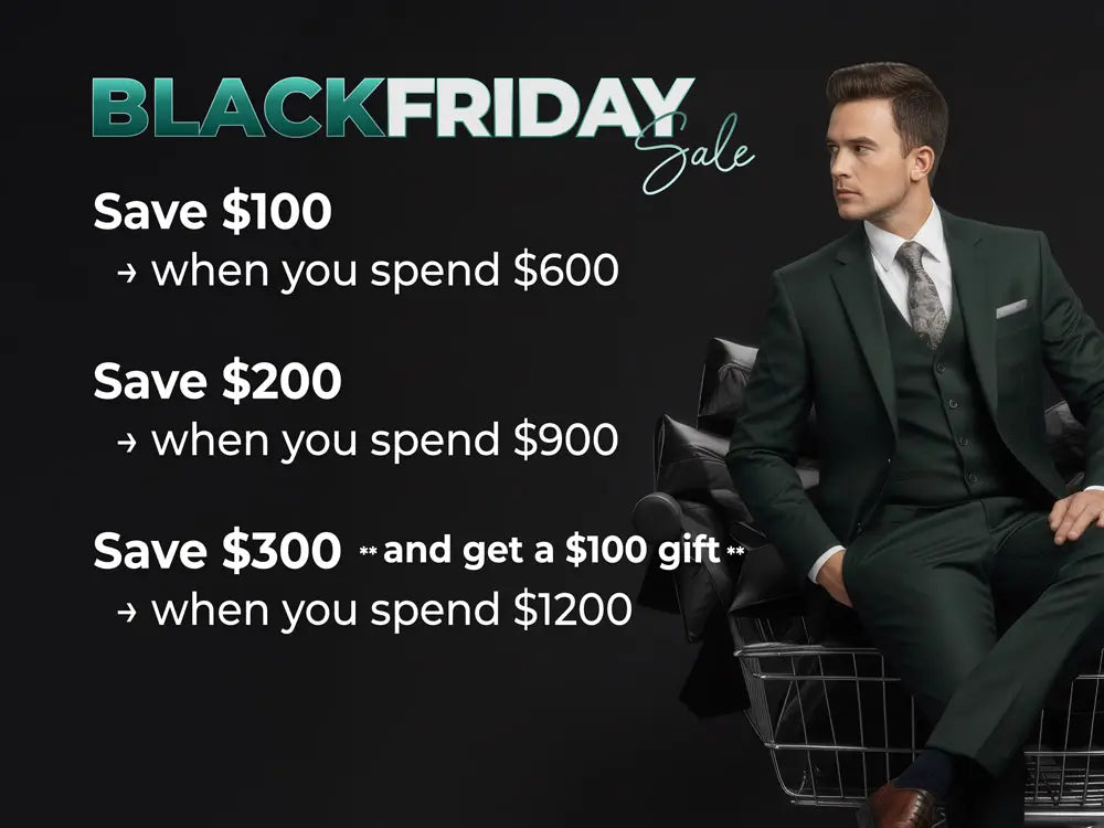 Man in a suit sitting in a shopping cart with Black Friday sale text on a black background