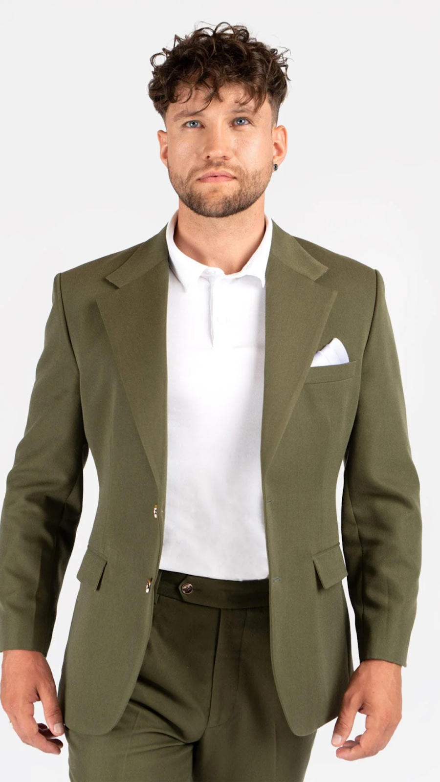 A Male Model Wearing An Olive Suit For Men