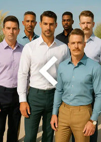 Group of men in formal attire standing outdoors with a large white arrow pointing to the right.