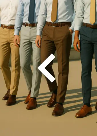 four men walking outside in semi formal pants