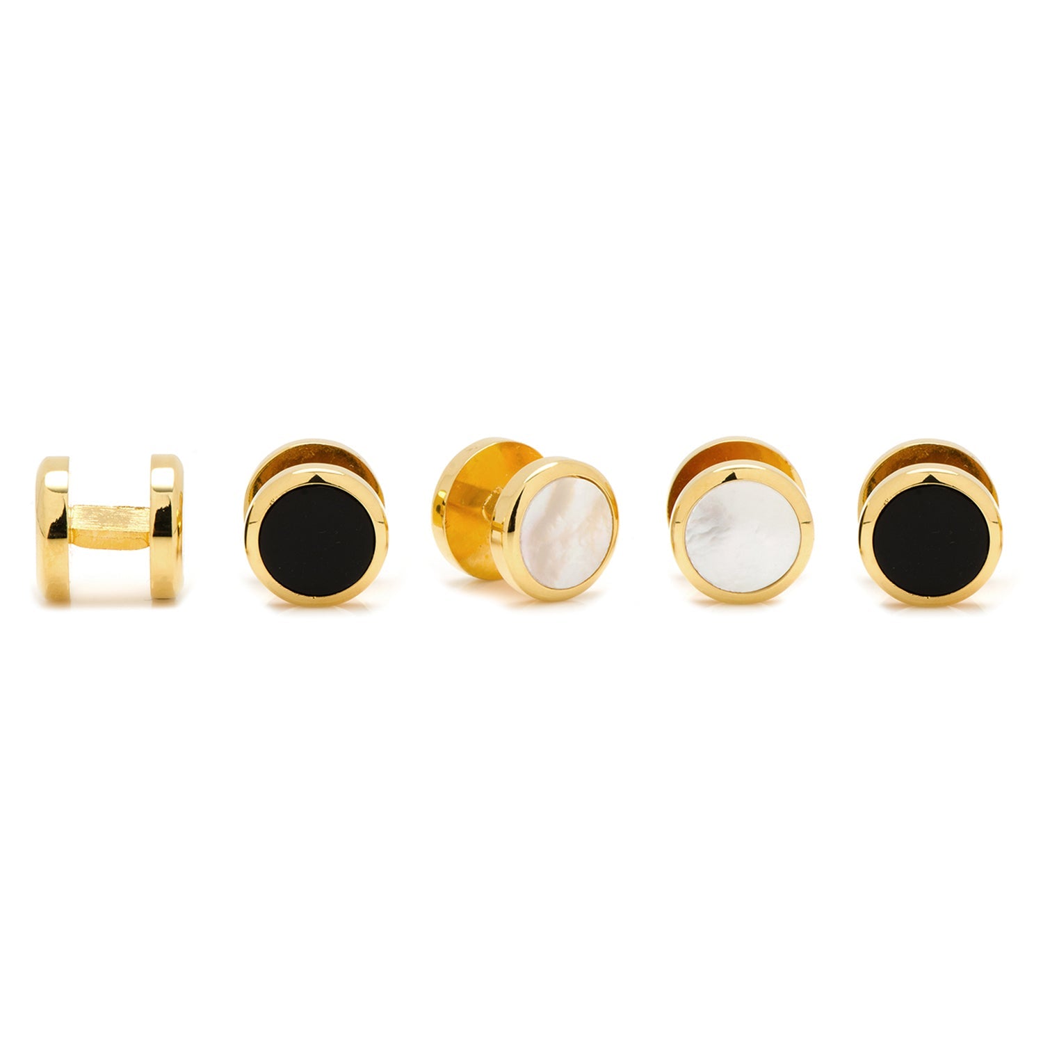 Double Sided Gold Onyx and Mother of Pearl Round 5-Studs — on a shirt cuff354