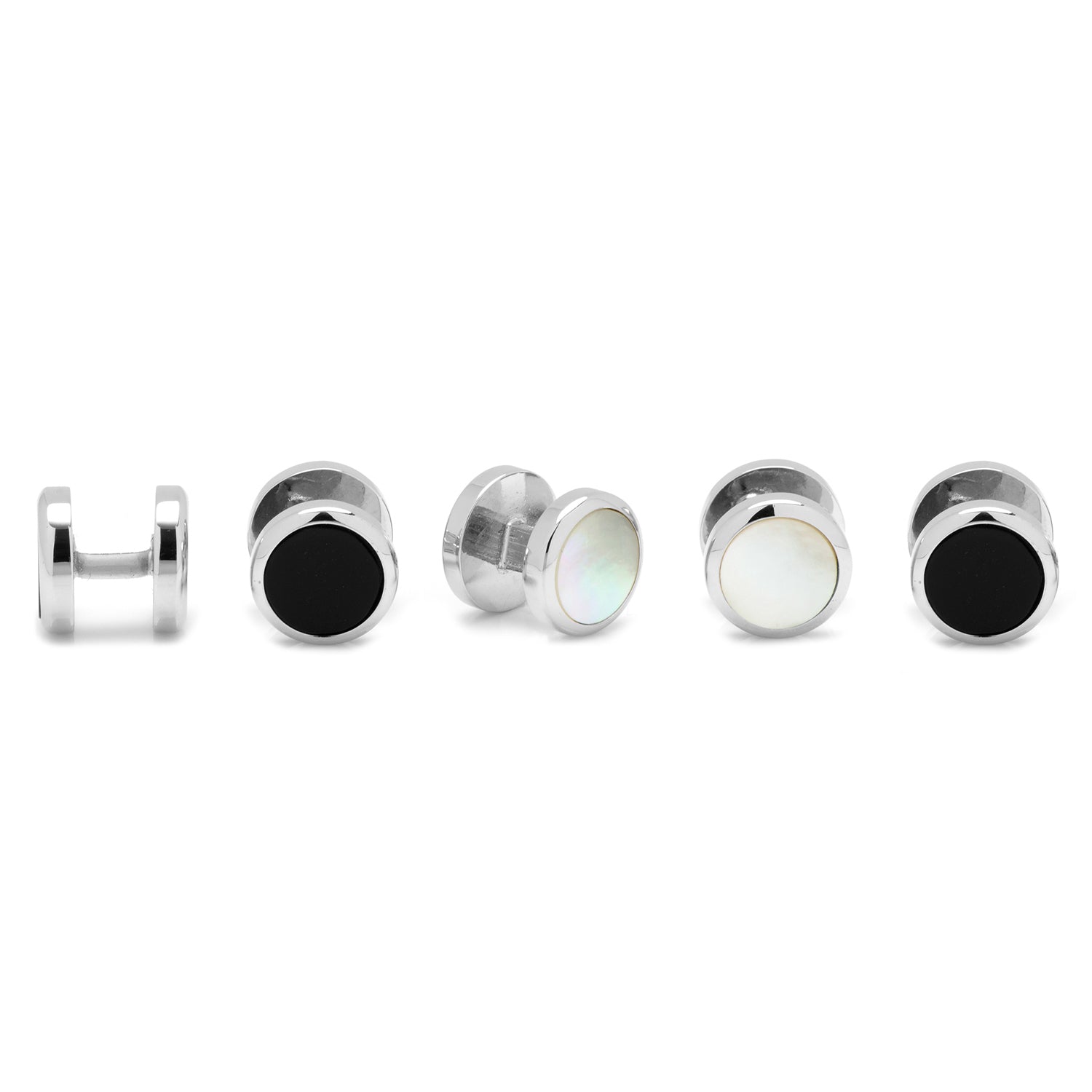 Double Sided Mother of Pearl Round Beveled 5-Stud Set — on a shirt cuff742