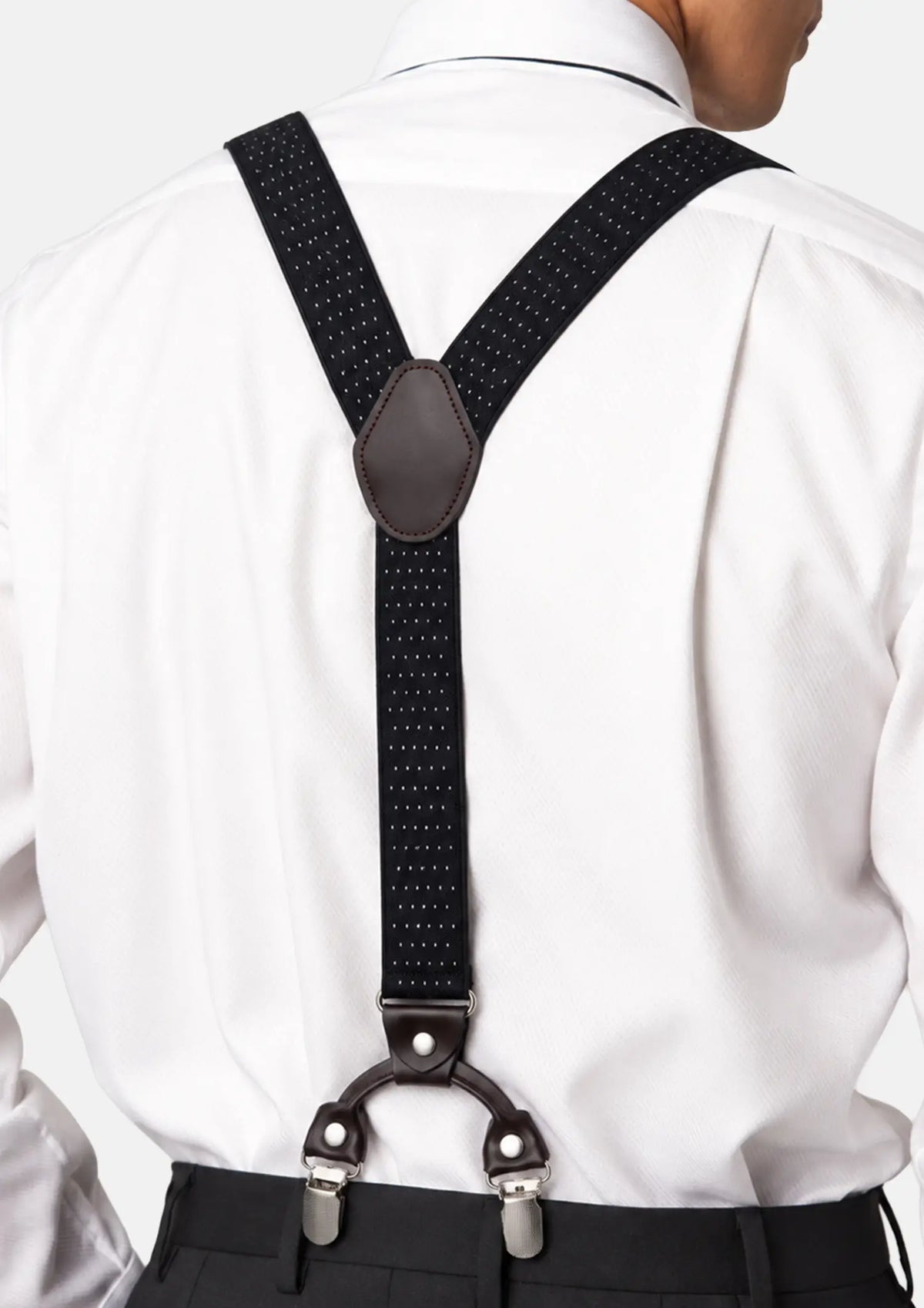Black Pin Dot Suspenders - Y-back view on a model504