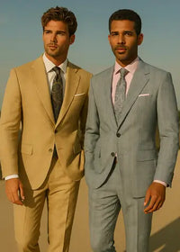 Two men in suits standing side by side against a clear sky.