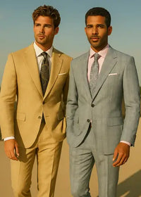 Two men in suits standing side by side against a clear sky.