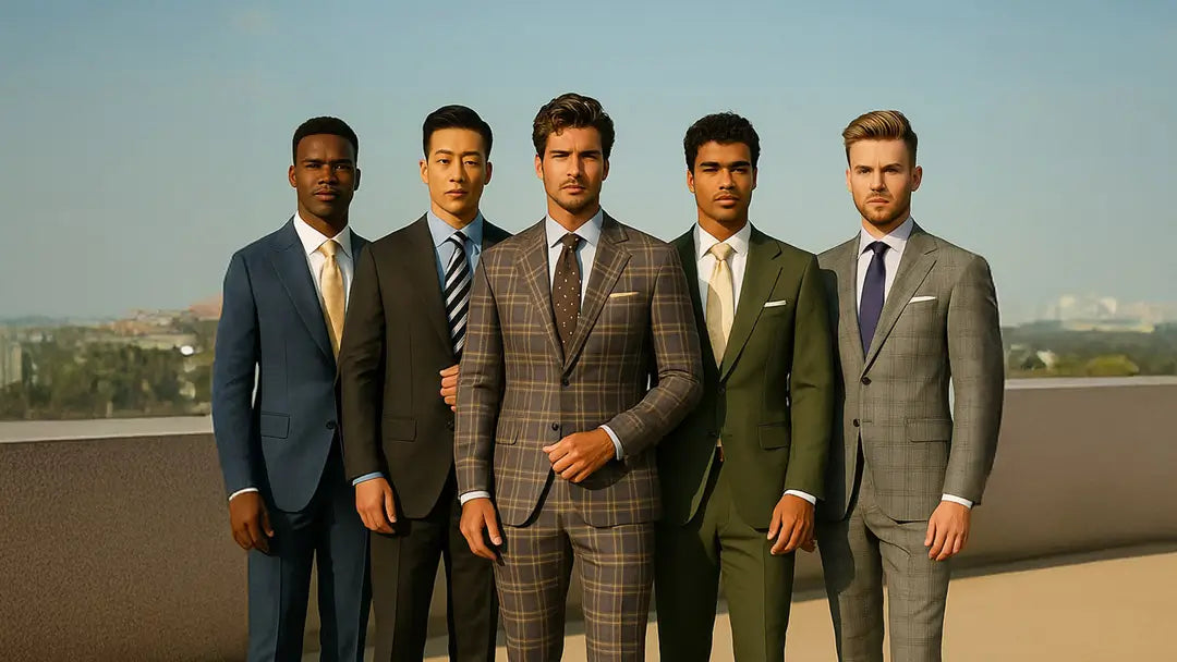 Five men in suits standing together with a cityscape in the background