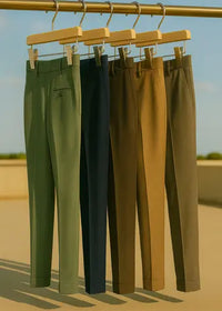 five pants in various colors hanging on a rack outside