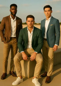 three men outside in different color blazers