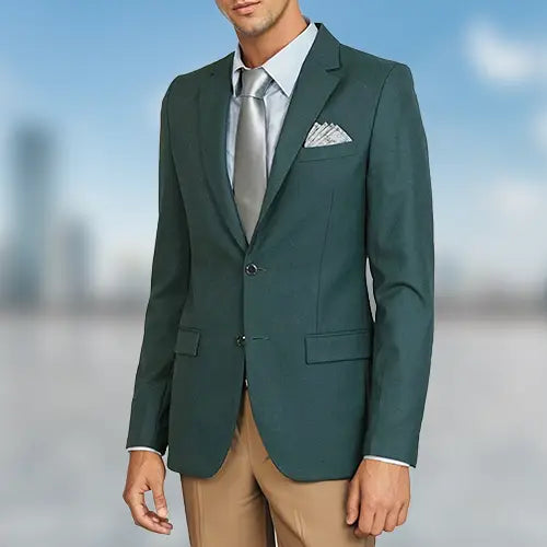 green jacket with tan pants