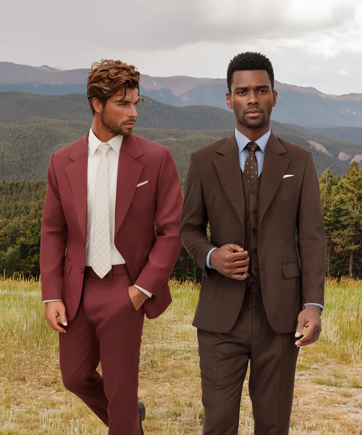 Two men in suits standing in a field with mountains in the background