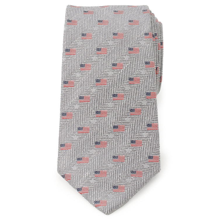 Light Gray Herringbone American Flag Men's Tie723