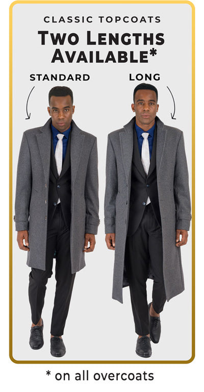two grey wool coats of different lengths. all top coats available standard or long.